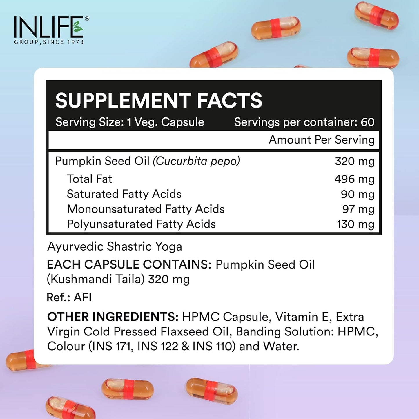 INLIFE Pumpkin Seed Oil Capsules | Extra Virgin Cold Pressed Pure Oil | Plant-Based Phytosterols | Prostate Health Support & Immunity | 60 Vegetarian Capsules