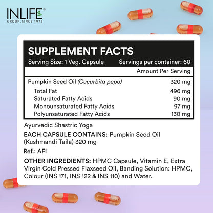 INLIFE Pumpkin Seed Oil Capsules | Extra Virgin Cold Pressed Pure Oil | Plant-Based Phytosterols | Prostate Health Support & Immunity | 60 Vegetarian Capsules