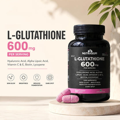 Nutrasium L-Glutathione 600 mg with Hyaluronic Acid & Biotin | For Skin Glow, Hydration, Even Skin tone & Skin Radiance | Reduce Pigmentation & Dark Spot | 60 Tablets