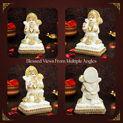 Marble Dust Hanuman Ji Murti for Home Puja (5 inch) | Jewellery Embellished Lord Hanuman Idol for Home Decor | Resin Bajrangbali Murti for Puja Room | Bahubali Hanuman Idol with Gada for Gift