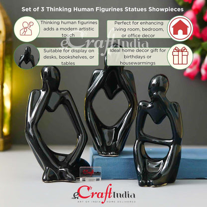 eCraftIndia Resin Decorative Thinking Human Figurines Statues Showpieces (Set of 3, Black)| Home Decor Items for Living Room Bedroom Hall Office Desk Bookshelf Table| Home Decor Gifts for Birthday