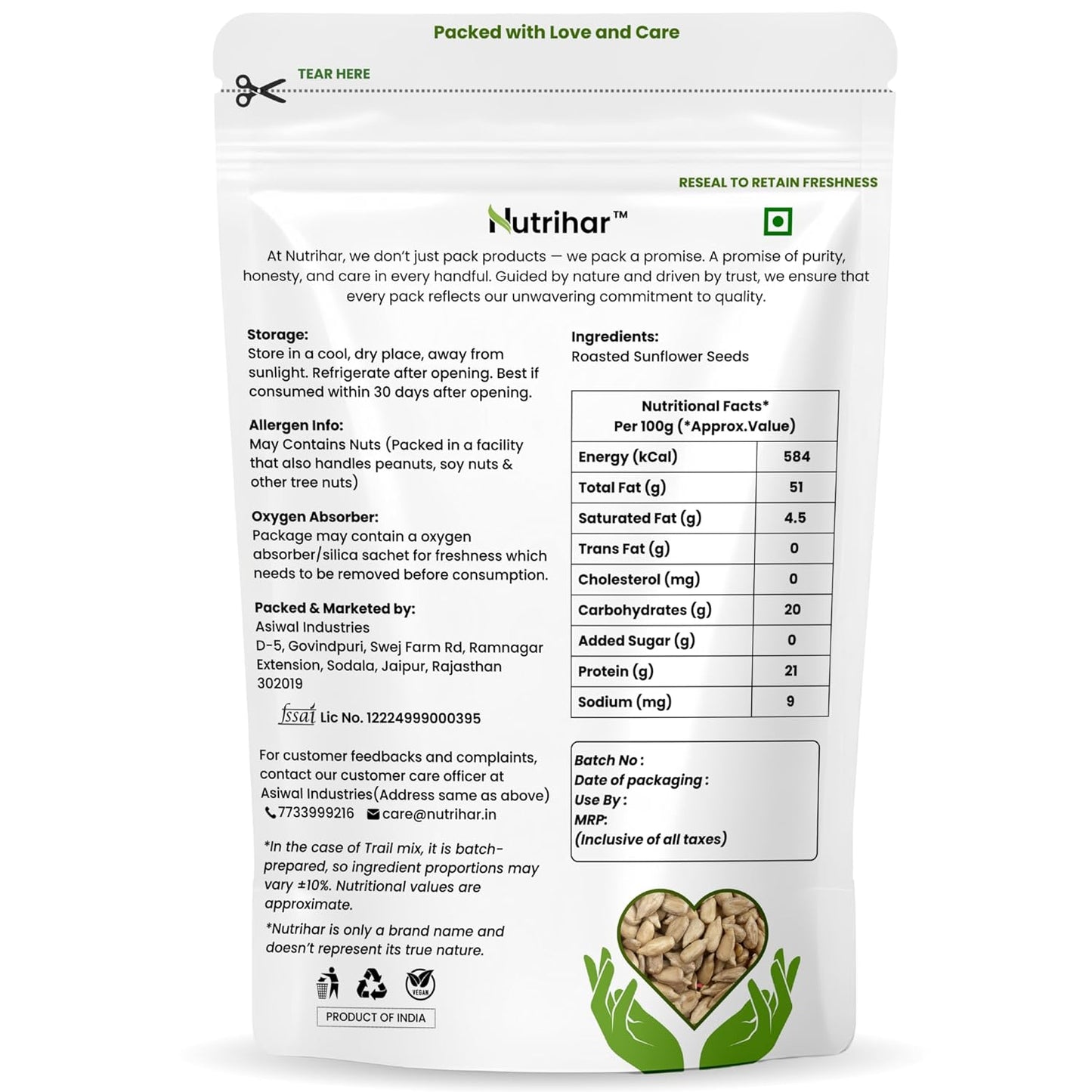 Nutrihar Roasted Sunflower Seeds 100g | Unsalted, Dry Roasted Sunflower Seeds for Eating | No Added Oil | Rich in Vitamin-E & Fibre