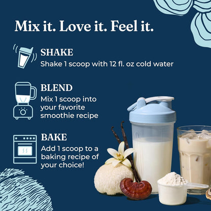 Instructions for mixing a product with a blue background, featuring a shaker bottle and ingredients.