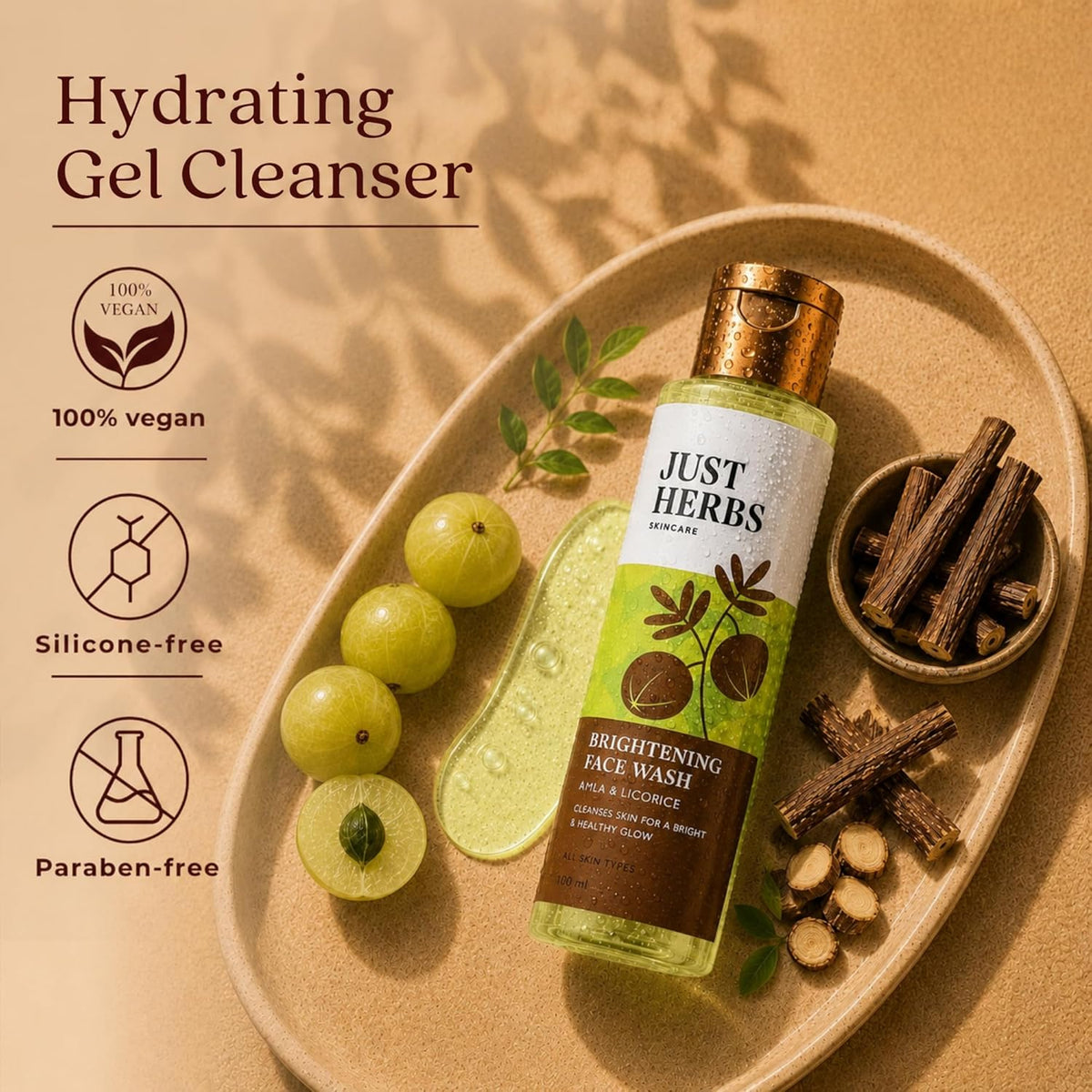 Just Herbs Brightening Face Wash with Vitamin C Amla & Liquorice Root for Men & Women | Hydrates Skin, Reduces Hyperpigmentation & Maintains pH Level | Suits All Skin Types- 50 gm