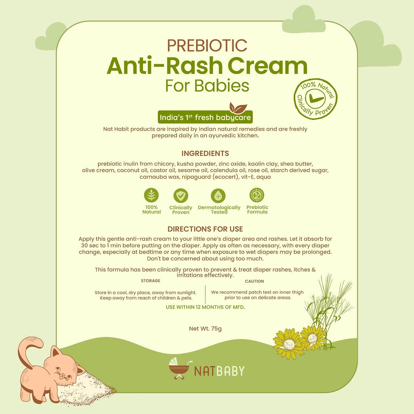 Nat Habit Diaper Rash Cream for Baby with Kusha, Coconut Oil & Zinc Oxide | Anti Rash Cream for Newborns & Infants | Soothes, Heals & Protects | Natural, Chemical-Free Baby Rash Cream, 75g