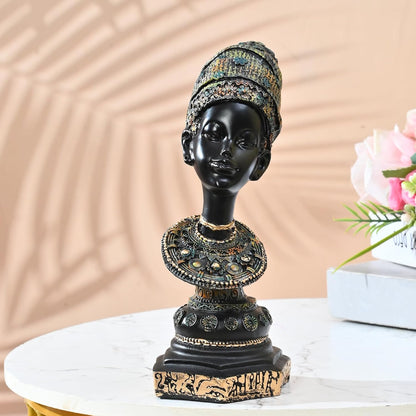 African Lady Statue with Pot|Graceful and Cultural Home Décor (Pack of 1, Black, Green & Golden, Model 1)