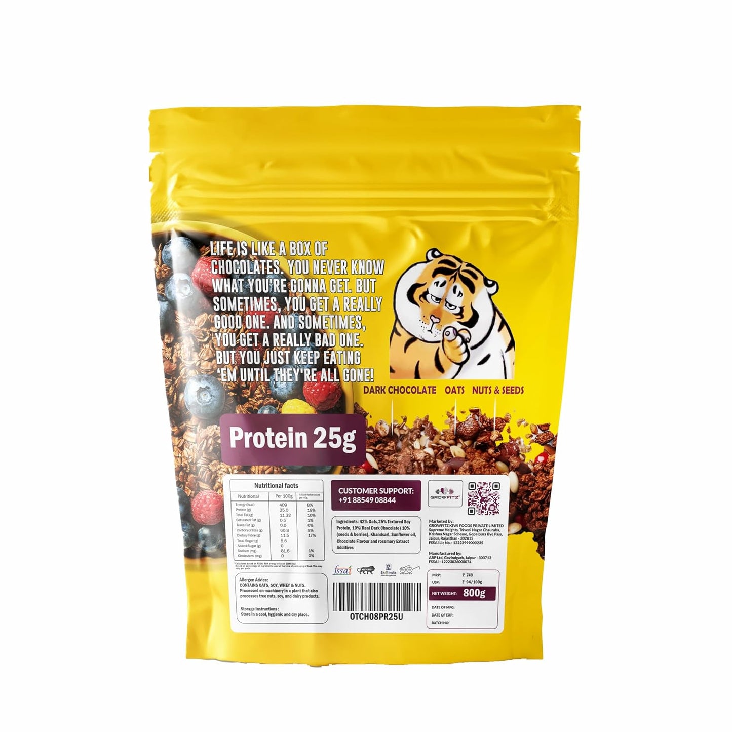 Growfitz 25g High Protein Oats 800 Gram, Pack of 1 | Dark Chocolate Oatmeal | 17g Fiber, No Sugar, With Almonds, Raisin, Pumpkin and Chia Seeds & Healthy Fats | Super Rolled Oats | Breakfast Cereals
