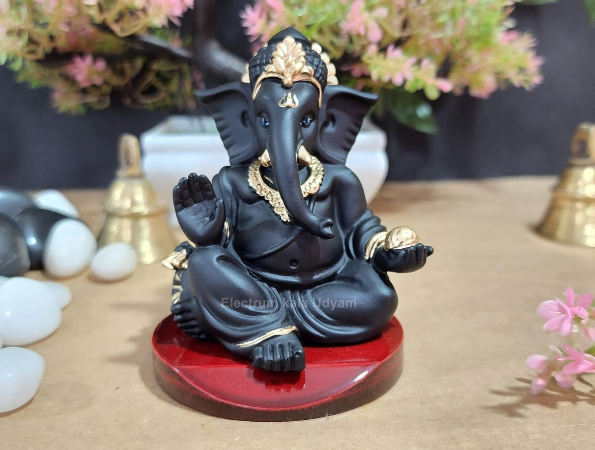 Handcrafted Poly Resin Ganesha Statue with Base - Perfect for Car Dashboard, Office Desk, Shelves, and Home Decor - Ideal Housewarming Gift! (Gaddiblackwithbase)