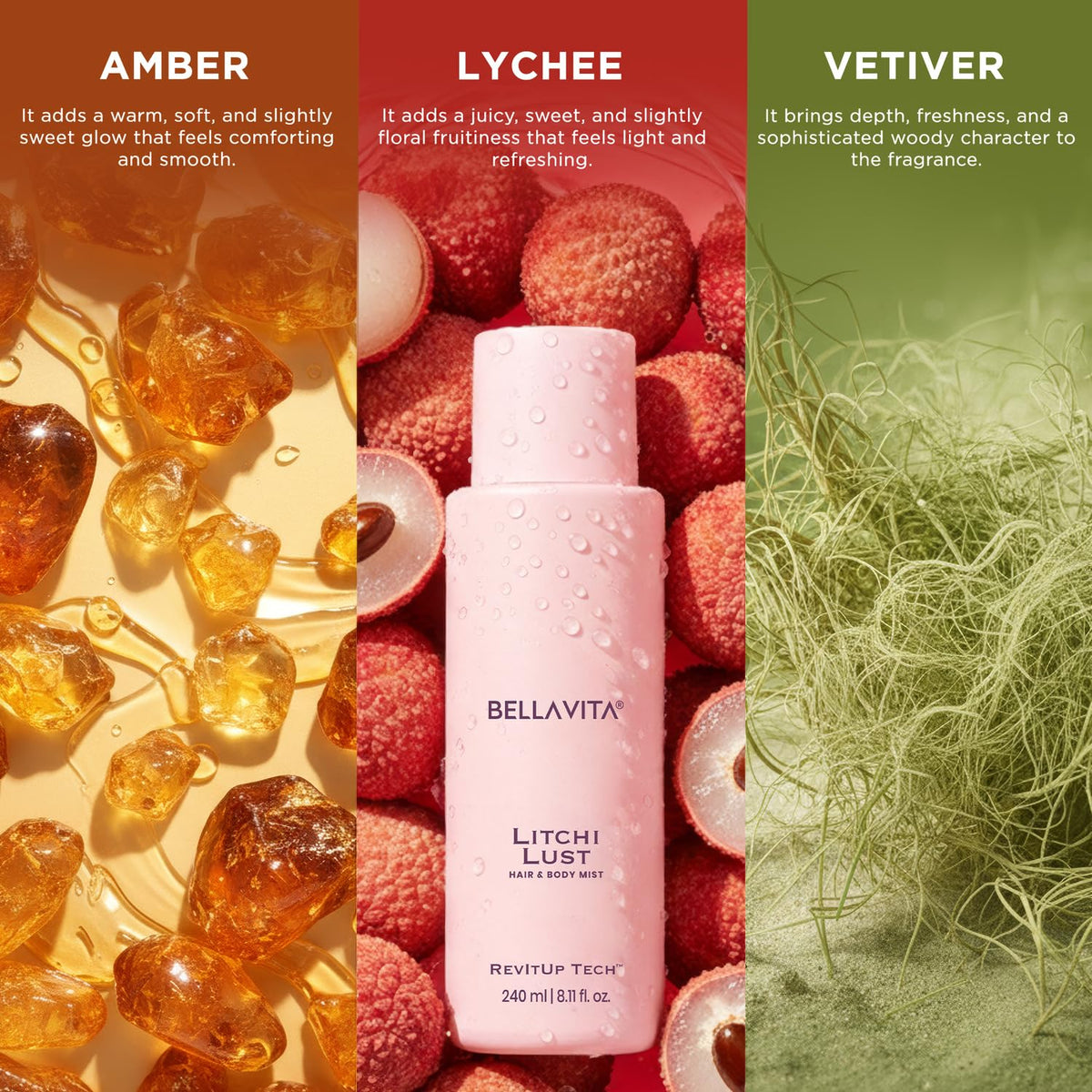 Bellavita Litchi Lust product with amber, lychee, and vetiver text and imagery on a colorful background.