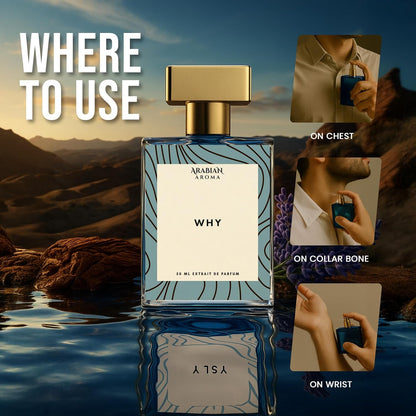 Perfume bottle with usage instructions on a scenic background