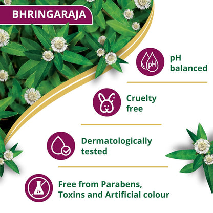 Bhringaraja product packaging with green leaves and flowers, featuring icons and text about product attributes.