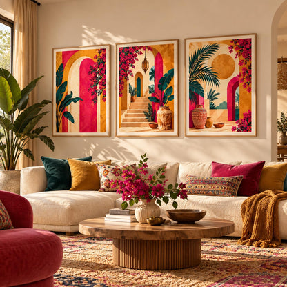 Aesthetic BOHO Wall Art Home Decoration | Maximalist BOHO Paintings with Frame for Living Room Bedroom Hotel | Digital Reprint Set of 3 | 13X17 Inch