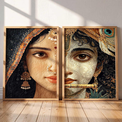 Set of 2 Framed Wall Art Prints, Premium HD Modern Wall Decor for Living Room, Bedroom, Office & Home, Abstract, Spiritual, Floral, Nature, Botanical & Boho Artwork, Ready to Hang (Radha krishna 1, 13X19, Brown)