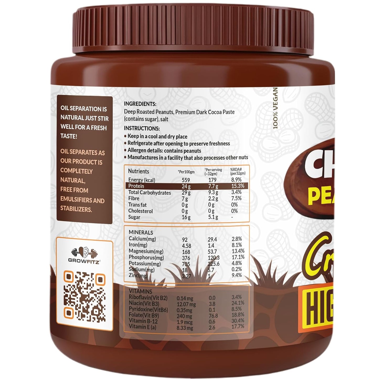 Growfitz Peanut Butter Chocolate Crunchy 800g | 24g High Protein Peanut Butter | 7g Fiber | Tasty & Healthy Nut Butter Spread for Breakfast & Snacks | Roasted Peanuts | Zero Sugar (Pack of 1)