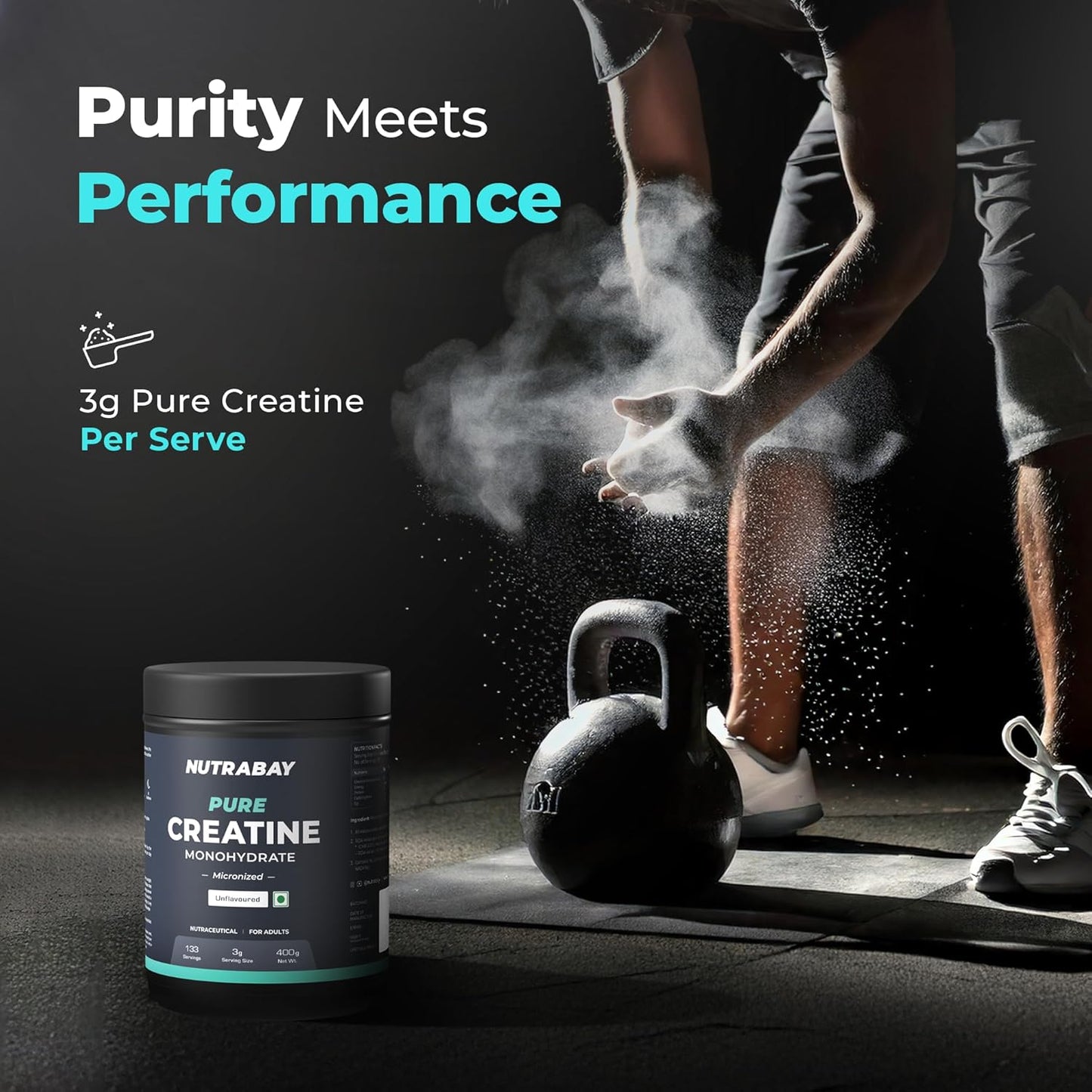 NUTRABAY Pure Creatine container with a person applying powder to their hands, set against a dark background.