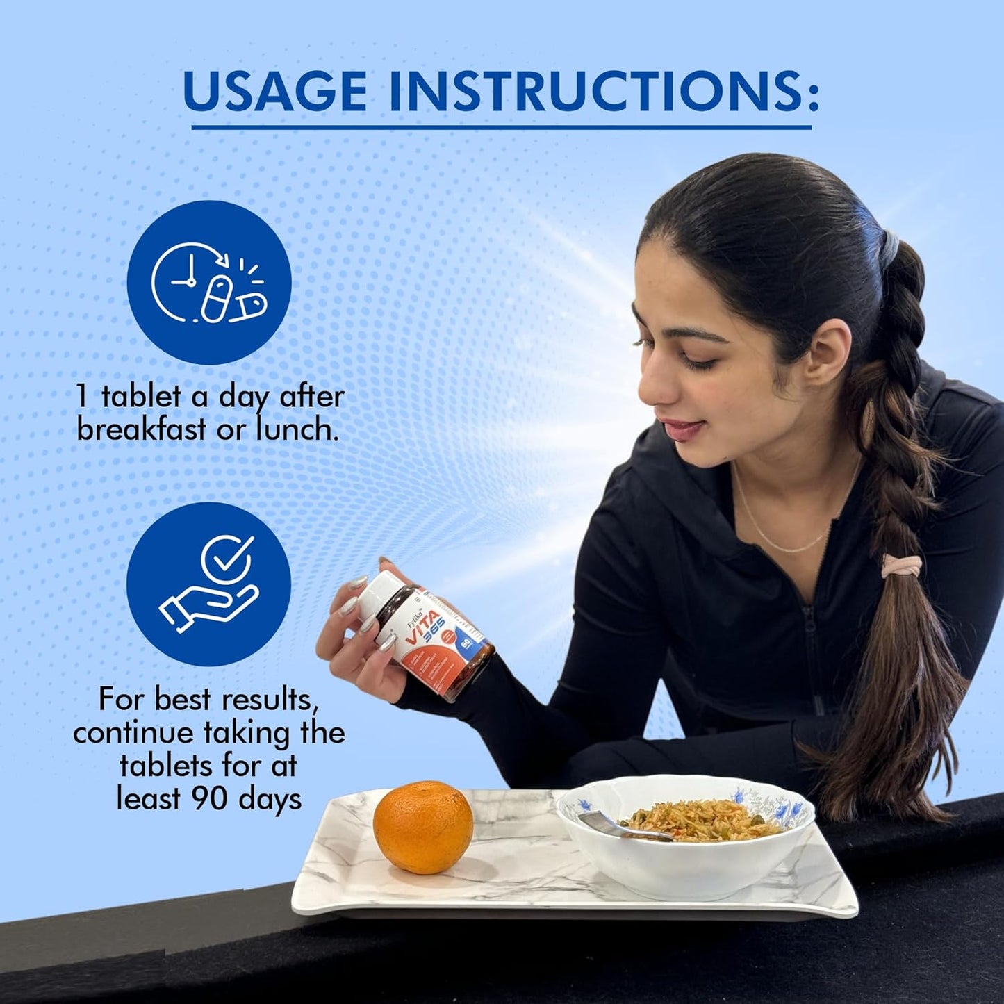 Usage instructions for a supplement with a woman eating breakfast.