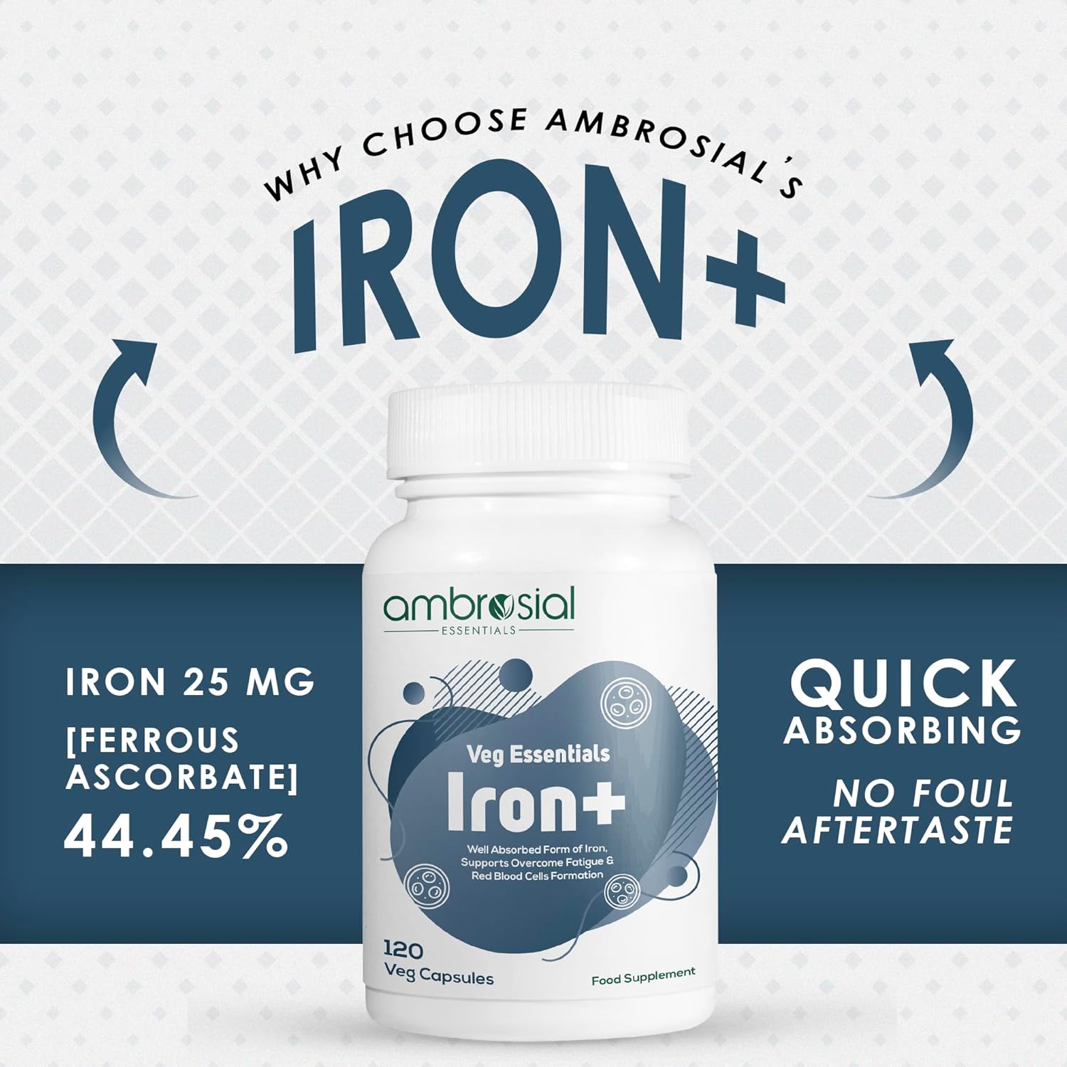 Ambrosial Iron+ supplement bottle with product details on a white background