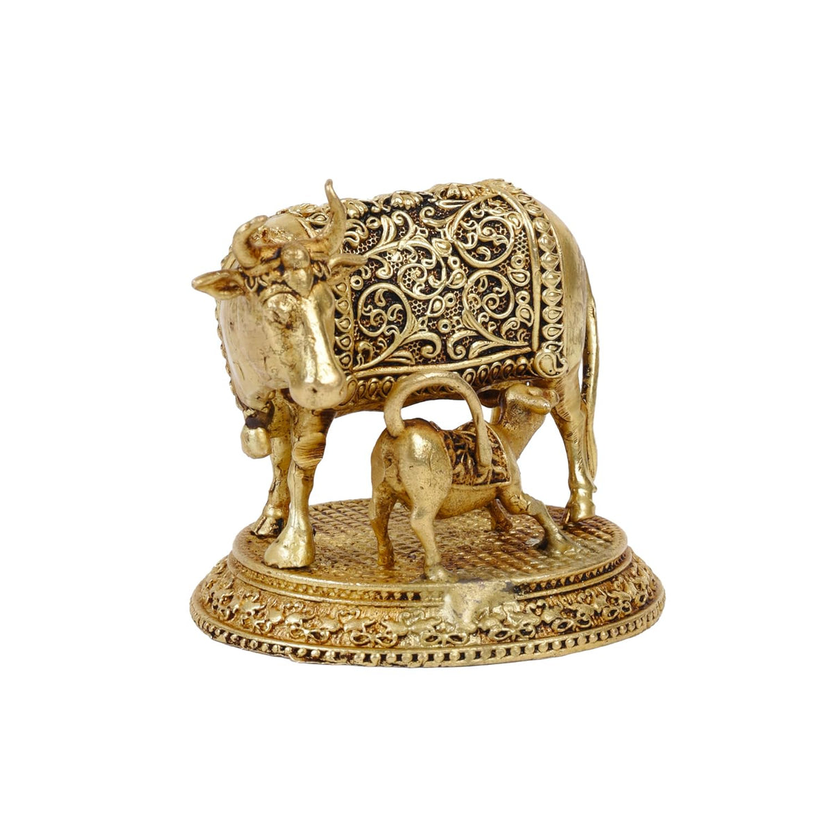 Brass Kamdhenu Cow with Calf Statue 2.2 Inch | Religious Gau MATA Idol for Mandir, Pooja, Home Temple, Vastu, Office Desk & Decorative Spiritual Gift (Pack of 1)