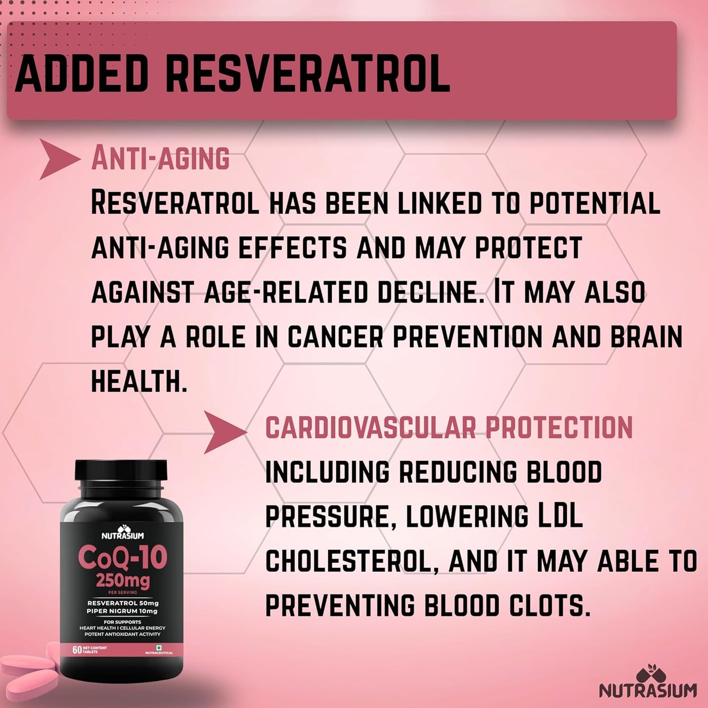 Nutrasium Co Enzyme Q-10 250 mg With Resveratrol | CoQ-10 Supplemets | For Heart & Vascular Health, Cellular Energy Boost, Potent AntiOxidant | 60 Veg Tablets (60 Veg Tablets, Co-Q10)