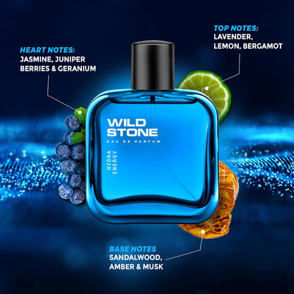 Wild Stone perfume bottle with flavor notes on a dark blue background