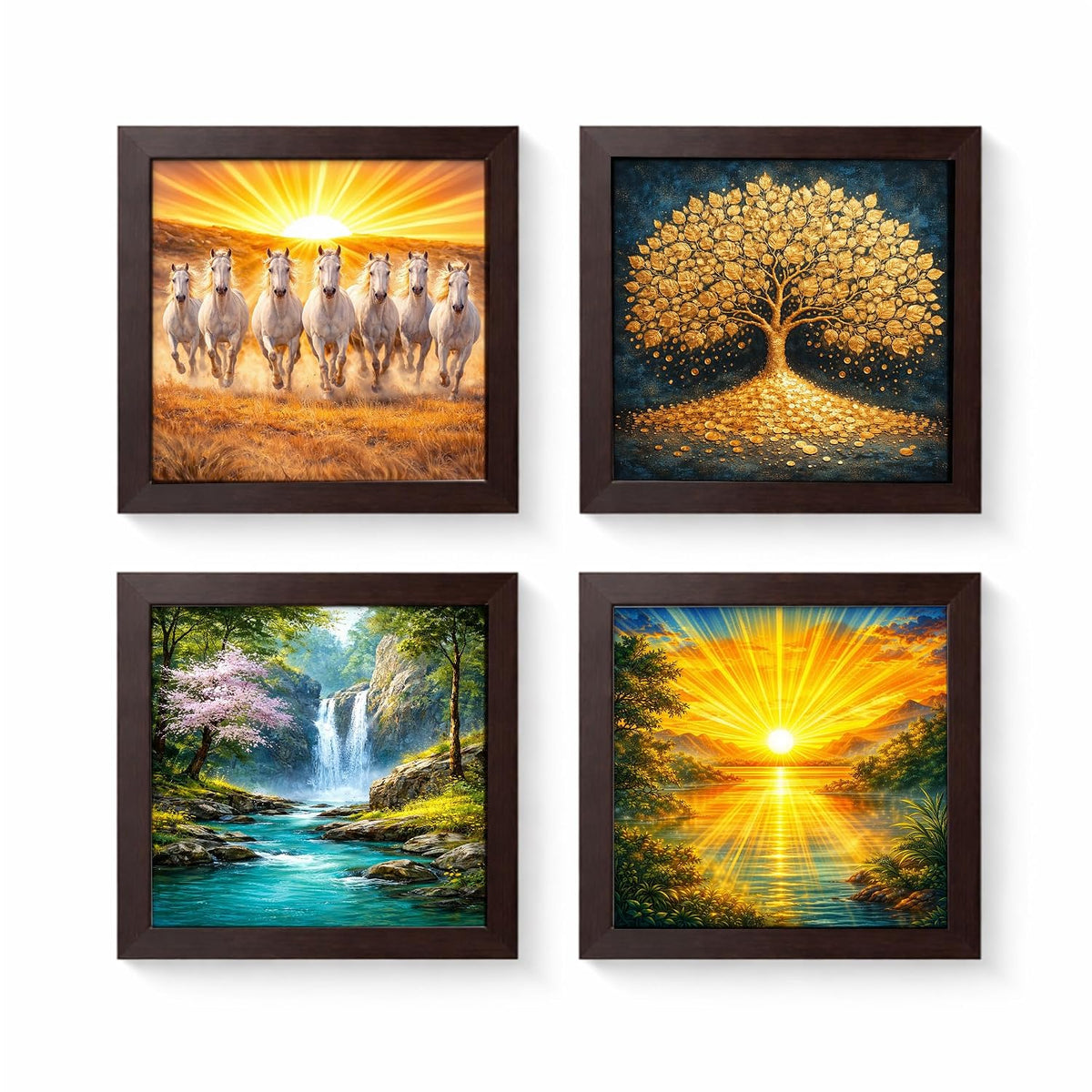 Vastu Combo Set | Rising Sun Sunrise | Waterfall Running Water | Golden Tree Kalpvriksh | Seven 7 White Running Horse | Set of 4 | Framed Poster