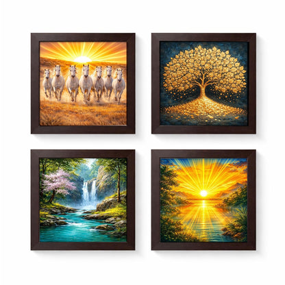 Vastu Combo Set | Rising Sun Sunrise | Waterfall Running Water | Golden Tree Kalpvriksh | Seven 7 White Running Horse | Set of 4 | Framed Poster