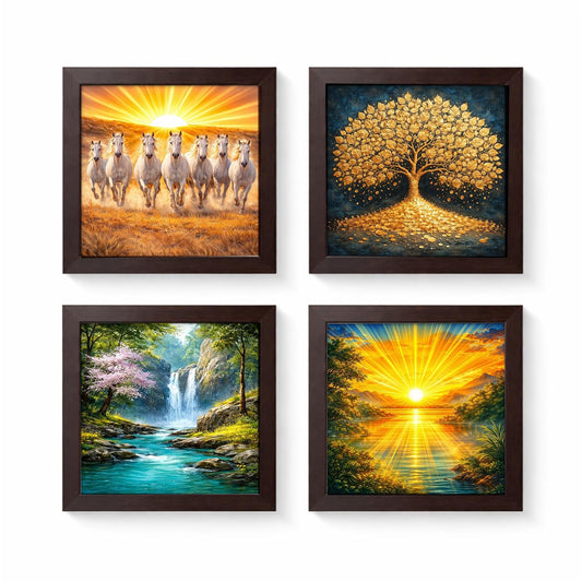 Vastu Combo Set | Rising Sun Sunrise | Waterfall Running Water | Golden Tree Kalpvriksh | Seven 7 White Running Horse | Set of 4 | Framed Poster