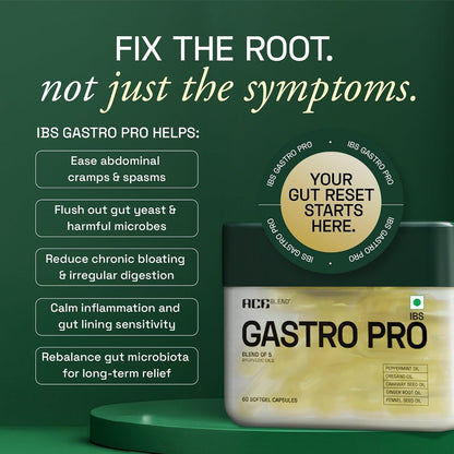 Ace Blend IBS Gastro Pro | 60 Softgels | Ayurvedic IBS with 5 Gut-Healing Oils | Relieves Bloating, Gas & Candida | Targets Fungal Overgrowth for Gut Relief