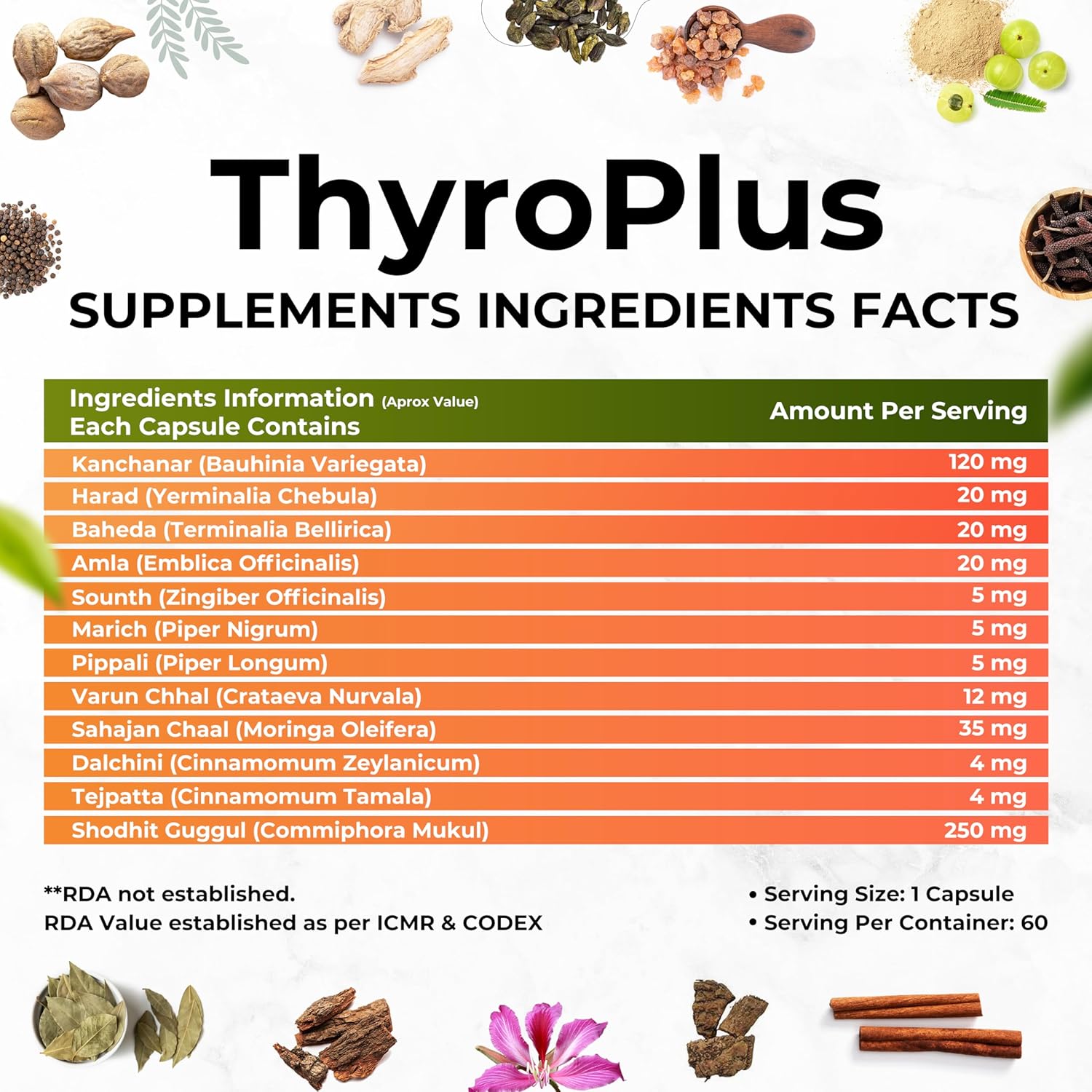 Zephivo Health Veda Organics Thyroplus Supplement - Rapid Action Formula – Kanchanar - Harad - Baheda - Amla-Sounth - Supports Thyroid Health –Healthy Cellular Metabolism - 60 Capsules