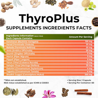 Zephivo Health Veda Organics Thyroplus Supplement - Rapid Action Formula – Kanchanar - Harad - Baheda - Amla-Sounth - Supports Thyroid Health –Healthy Cellular Metabolism - 60 Capsules