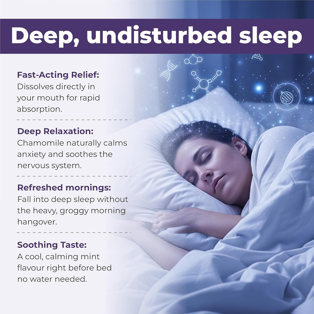 Person sleeping with text about deep, undisturbed sleep relief