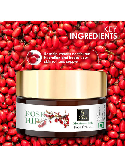 Good Vibes Rosehip Moisture-Rich Face Cream, 50 g Skin Moisturizing Hydrating Light Weight Formula, Soothes & Exfoliates Skin, Natural, No Parabens & Sulphates, No Animal Testing