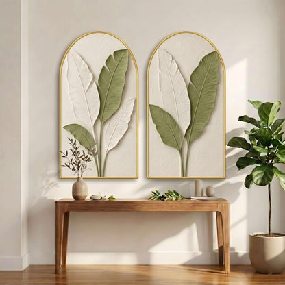 Set of 2 Botanical Leaf Wall Painting for Living Room, Green White Modern Artwork, PVC Golden Frame, Arch Shape Wall Decor for Bedroom, Hall, Office & Gift (30 x 32 Inch) RPNL-02-118
