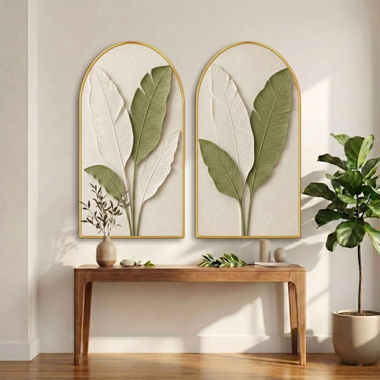 Set of 2 Botanical Leaf Wall Painting for Living Room, Green White Modern Artwork, PVC Golden Frame, Arch Shape Wall Decor for Bedroom, Hall, Office & Gift (30 x 32 Inch) RPNL-02-118
