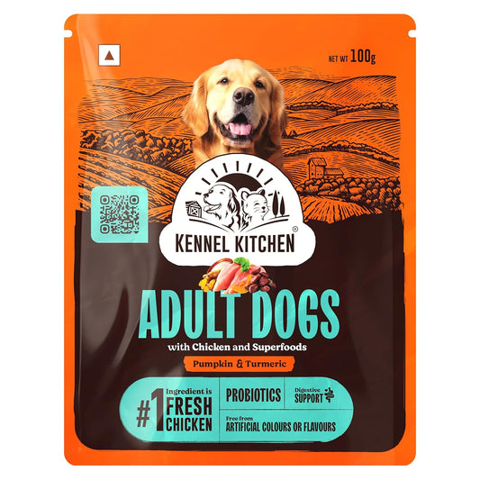 Kennel Kitchen Dry Dog Food Adult 100g | Fresh Chicken with Superfoods – Pumpkin & Turmeric | Probiotics for Digestive Support | No Artificial Colors or Flavours | Complete & Balanced for All Breeds