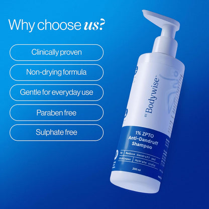 Be Bodywise 1% ZPTO Anti Dandruff Shampoo 200ml | Reduces Dandruff, Flaking & Deeply Hydrates Scalp | Zinc Pyrithione, Pentavitin & Allantoin | Gentle, PH-Balanced | For All Hair Types | Sulphate Free