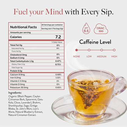 Wellbeing Nutrition Focus Tea | Memory Booster Green Tea for Focus, Concentration & Cognitive Function with Brahmi, Shankhpushpi, Ginkgo Biloba, Gotu Kola (20 Pyramid Tea Bags)