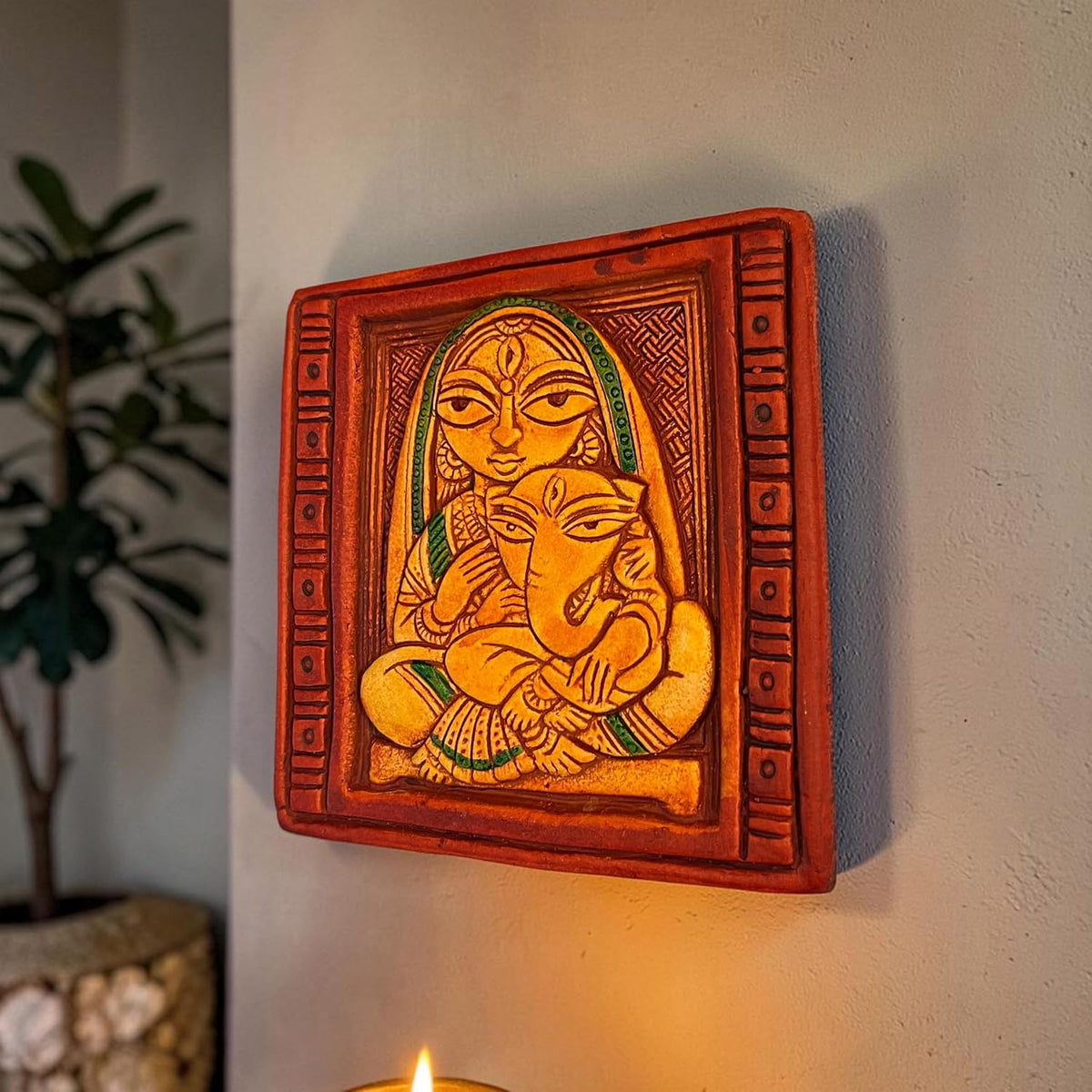 Maa Durga with Ganesh Terracotta Wall Hanging Idol Murti Decor | Devi MATA & Ganesha Janani Decor | Spiritual Art for Temple, Home & Office Decor | Spiritual Gift (14x14CM)