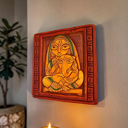 Maa Durga with Ganesh Terracotta Wall Hanging Idol Murti Decor | Devi MATA & Ganesha Janani Decor | Spiritual Art for Temple, Home & Office Decor | Spiritual Gift (14x14CM)