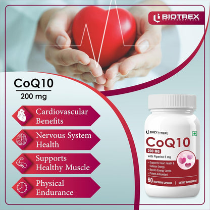 Biotrex Nutraceuticals High Bioavailabilty Coq10 200mg With 95% Purity Piperine 5mg (Coenzyme Q10) - 60 Vegetarian Capsules