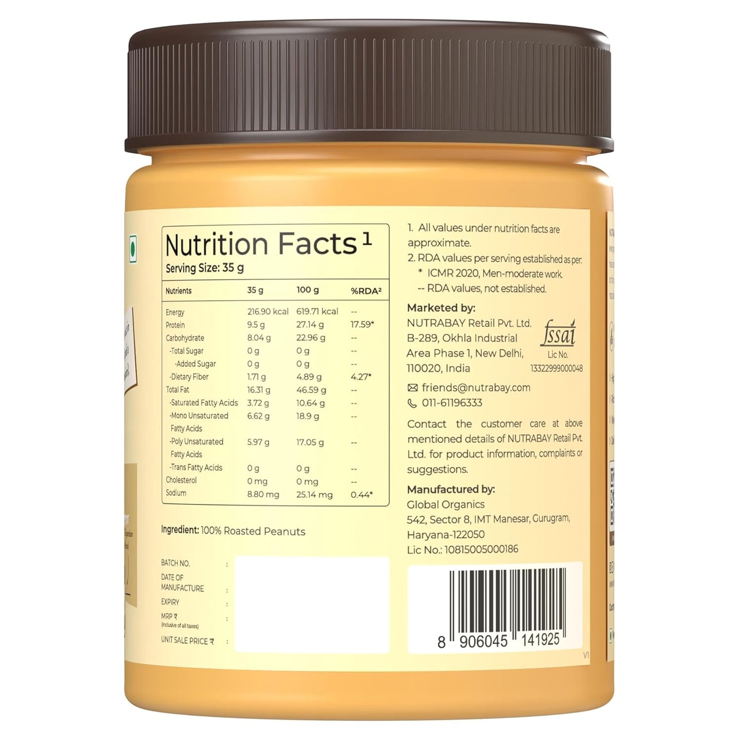 Nutrabay Foods All-Natural Peanut Butter (Creamy) - Unsweetened, 400g | 100% Roasted Peanuts, 28g Protein, Zero Cholesterol, Vegan, Gluten Free, Non GMO