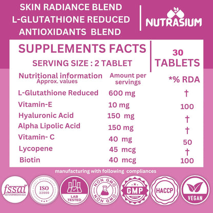 Nutrasium | Glutathione tablets for skin Glow | L-Glutathione 600 mg with Hyaluronic Acid & Biotin | For Skin Glow, Brightening, Hydration, Even skin tone & Skin Radiance | Added Vitamin C & E with Lycopene | 30 Tablets