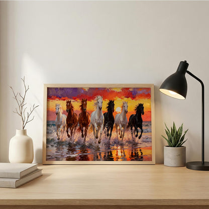 7 Horse Vastu Wall Painting for Living Room – Running Seven Horses Landscape Framed Wall Art | Premium Wooden Frame Home & Office Decor (Natural, Design 01, 13x19 Inch)