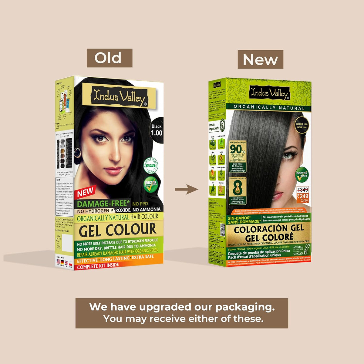 Comparison of Indus Valley hair color gel packaging, old vs new design.