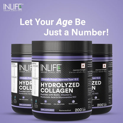 INLIFE Japanese Hydrolyzed Collagen Peptides Powder Clinically Proven Ingredient, Type 1 & 3, Skin Health, Bone Health Supplement for Men & Women (Unflavoured, Collagen, 200g)