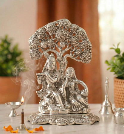 KridayKraft Metal Radha Krishna Idol with Under Tree Decorative Showpiece Statue for Puja Room Home Office Desk Gift Items Ornate Metal Sculpture of Hindu Deities, 18 cm Height Silver