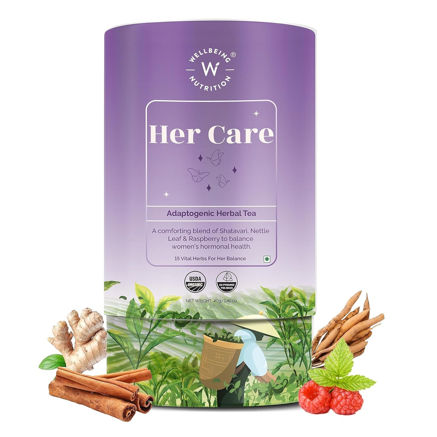 Wellbeing Nutrition Her Care Tea for PCOS PCOD | Herbal Tea for Women with Shatavari & Chasteberry for PMS Relief, Hormonal Imbalance & Regularize Menstrual Cycle (20 Pyramid Tea Bags)