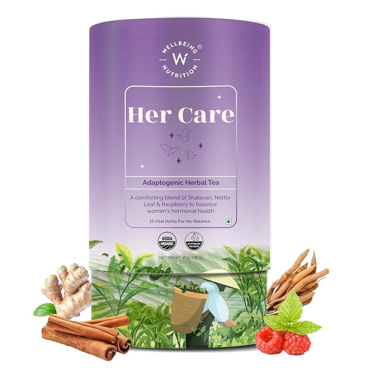 Wellbeing Nutrition Her Care Tea for PCOS PCOD | Herbal Tea for Women with Shatavari & Chasteberry for PMS Relief, Hormonal Imbalance & Regularize Menstrual Cycle (20 Pyramid Tea Bags)