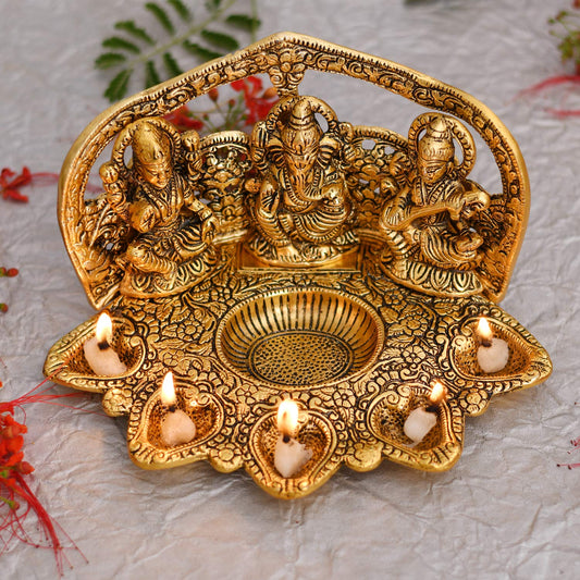 Laxmi Ganesh Saraswati Idol Diya Oil Lamp Deepak - Metal Lakshmi Ganesha Showpiece Statue - Traditional Diya for Diwali Puja (8.5 x 5.1 x 4.7, 1 Count)