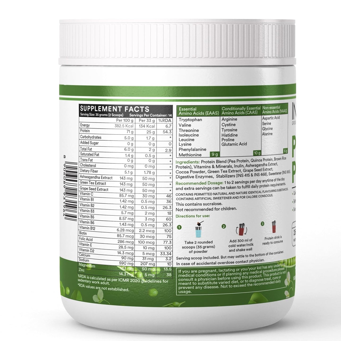 INLIFE Plant Protein Powder - Pea, Quinoa & Brown Rice - 25g Protein - Ashwagandha, Green Tea & Grape Seed Extract - Digestive Enzymes Bodybuilding Supplement (500 g, Chocolate)